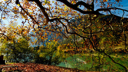 Il castello e il Lago di Toblino. Panorama autunnale. Provincia di Trento. Trentino Alto Adige, Italia