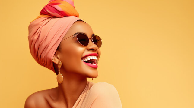 Photo of positive happy young dark skin woman smile face wear turban isolated on abstract light background