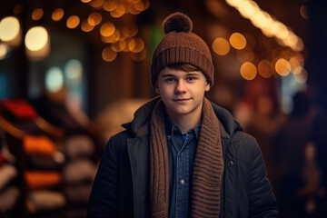 Fototapeta premium Portrait of a young man in winter clothes, hat and scarf on a background of Christmas lights