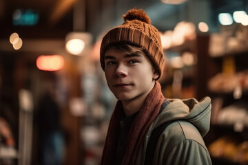 Portrait of a handsome young man in a hat and warm jacket in the city at night