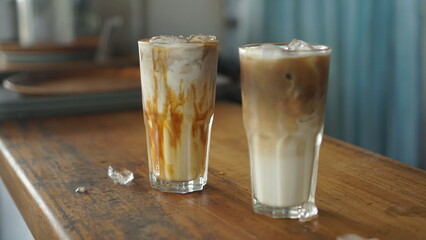 Coffee Latte Ice served on the wooden table.