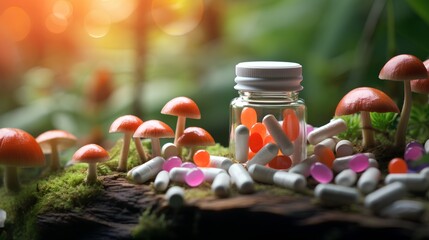 An array of various prescription pills, capsules, and tablets infused with medicinal mushroom extracts, showcasing a blend of modern pharmaceuticals and natural therapy ingredients for medical use. - obrazy, fototapety, plakaty