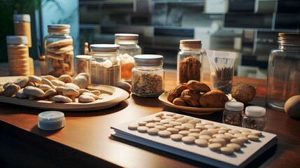 Pharmaceutical research laboratory with advanced equipment and dried mushrooms. Scientists study natural compounds in shrooms for potential medicinal use in prescription drugs. - obrazy, fototapety, plakaty