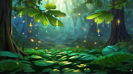 Huge glowing water droplets on bright green leaves in the forest - obrazy, fototapety, plakaty