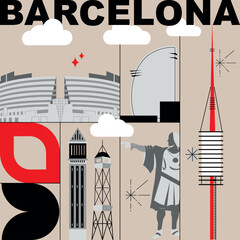 Typography word Barcelona branding technology concept. Collection of flat vector web icons. Catalonia culture travel set, famous architectures, specialties detailed silhouette European famous landmark