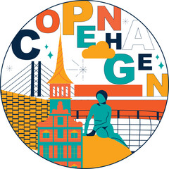 Typography word "Copenhagen" branding technology concept. Collection of flat vector web icons. Culture travel set, famous architectures, specialties detailed silhouette. Denmark famous landmark