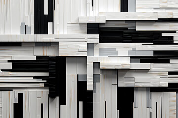 black and white background. 3d illustration of abstract geometric composition made of white and black rectangles. 