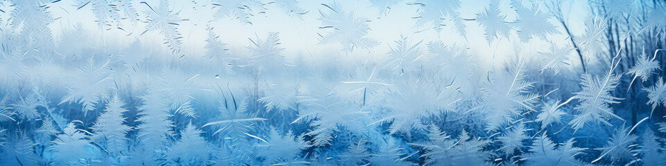 Frosty natural pattern on window glass. Frost pattern on the window. Snowflakes close-up. Winter background. Banner.