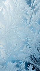 Frosty natural pattern on window glass. Frost pattern on the window. Snowflakes on blue background close-up.