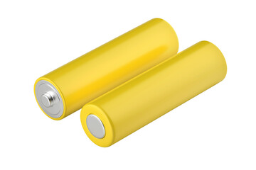 Two yellow AA size batteries on transparent background