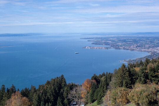 View of Lake Constance and the mountain slope from Mount Pfaender in Bregenz