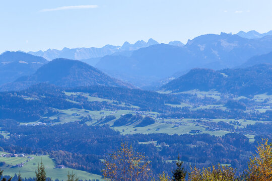 Beautiful green Alp mountains and hills from Pfaender Mountain in Bregenz