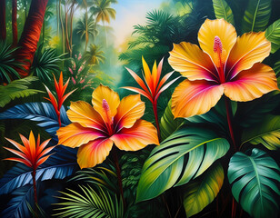 Fototapeta na wymiar art illustration of tropical jungle plants and blossoms. generative ai