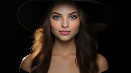 Portrait fantasy gothic red-haired woman witch. Vampire girl in blue medieval dress, vintage old historical style hood on head. Black background. Red lips, hair flying soar in wind. halloween costume