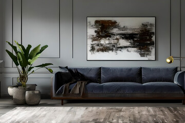 A modern living room with a sofa, table and artwork on the wall
