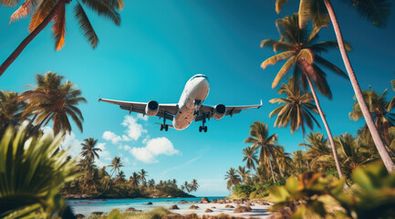 airplane flying over tropical palm trees. clear blue sky vacation time. - Powered by Adobe