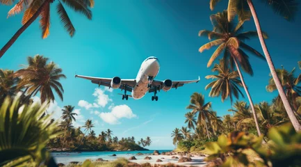 Foto op Canvas airplane flying over tropical palm trees. clear blue sky vacation time. © Ruslan Gilmanshin