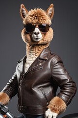 alpaca wears Leather jacket fashion man portrait