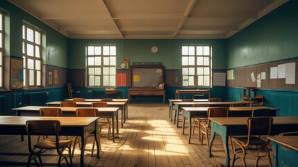 Empty classroom background. Old school room interior. Educational class with board chairs tables. Primary middle high school concept. No people students. Sunny day. Sun light indoor. While holidays. - obrazy, fototapety, plakaty