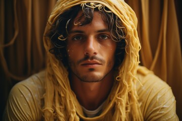 Serious man. Somber. Noodles. Meme. Lie. Face expression. Emotions. Poker face. Serenity. Spaghetti. Hoodie. Yellow. Closeup of a loser. Average tv viewer, audience. Curly hair. Deceit. Irony - obrazy, fototapety, plakaty