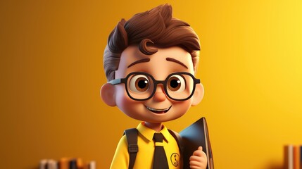 cute little boy in school uniform with backpack yellow background, Back to School Concept