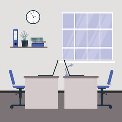 Office with two desks, a shelf and a clock on the wall, as well as a large window.