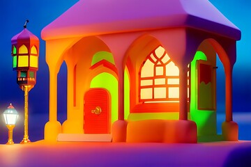 A Night in Ramadan, Colorful Mosque and Lantern with Glowing Lights