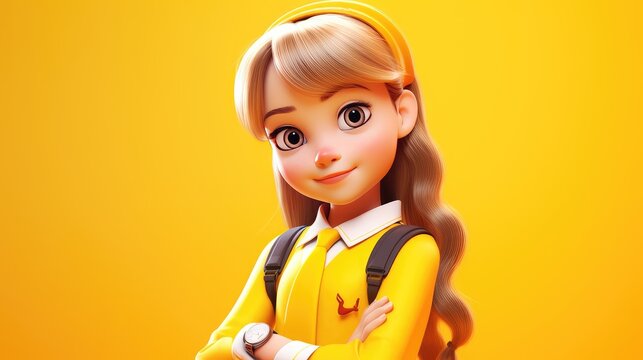 cute little girl in school uniform with yellow background, Back to School Concept