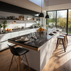 A modern kitchen with sleek black countertops
