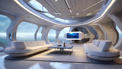  Futuristic and modern spaceship living room with advance furniture. Generative AI