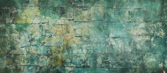 The abstract pattern on the vintage green wall was designed with a textured water-like background, giving it a retro and grunge appearance, reminiscent of earthy art and architectural construction.