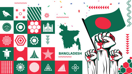 Bangladesh national day banner with Bengali flag colors theme background and geometric abstract retro modern green red design. Bangladesh Dhaka map icon. Vector Illustration. - obrazy, fototapety, plakaty