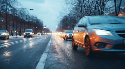 Dynamic shot of a car maneuvering in winter city traffic after snow by Generative AI
