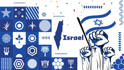 Israel national day banner for independence day anniversary. Flag of Israel and modern geometric corporate abstract design. Blue white color Israeli flag theme with grey background. War Conflict.
