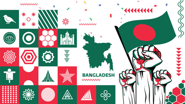 Bangladesh national day banner with Bengali flag colors theme background and geometric abstract retro modern green red design. Bangladesh Dhaka map icon. Vector Illustration.