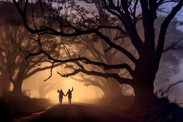 Horror, fantasy, states of mind concept. Two human silhouettes walking on empty winding road during dense fog at night. Old big without leaves tree silhouettes growing in both sides of the road - obrazy, fototapety, plakaty