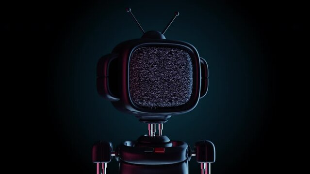 Robot with head in shape of TV or monitor with noisy glitch signal on screen. Creative fashion cartoon 3d animation. Retro futuristic character concept design.