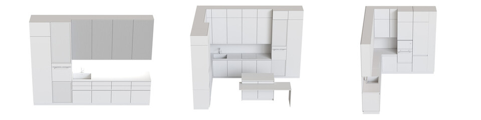modern kitchen isolated on transparent background, home furniture, 3D illustration, cg render