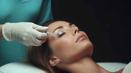 A professional cosmetologist or dermatologist in a clinic administers a botox filler injection into a patients facial area as a cosmetic procedure to reduce wrinkles and enhance beauty.