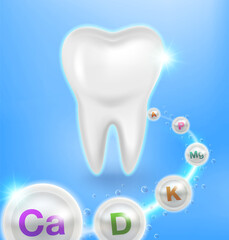 Teeth healthy strong with vitamin minerals from calcium, vitamin D, phosphorus, magnesium and fluorine. Concept of dentistry and bone strengthening. Realistic EPS file.