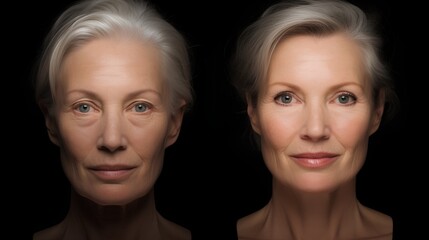 A detailed comparison image showcasing a females face before and after a facelift procedure, highlighting the rejuvenating effects and tightened skin resulting from the cosmetic surgery. - obrazy, fototapety, plakaty