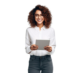 attractive girl using tablet, png file of isolated cutout object with shadow on transparent background.