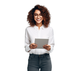 attractive girl using tablet, png file of isolated cutout object with shadow on transparent background.