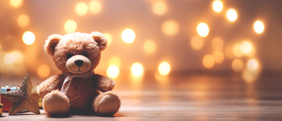 A funny teddy bear sitting on the floor of a room, a gift pack and Christmas decoration beside it. Glittering blurry lights, simple minimalist Christmas scene with bokeh background.