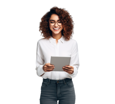 attractive girl using tablet, png file of isolated cutout object with shadow on transparent background.