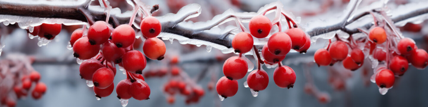 Frozen red rowan berries on a branch in the winter forest, covered with hoarfrost close-up.