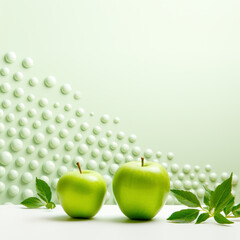 Green ripe apples on decorative polka dots light green background with copy space. Natural fruit background. Healthy food. Vegan or vegetarian diet. Concept of Harvest and Selling fruits
