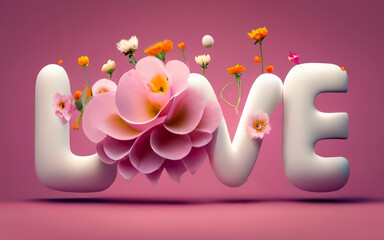Word Love decorated with flower on pink background. Modern Valentine's Day concept. Creative greeting card layout. Flat lay,   “LOVE” Wooden letters