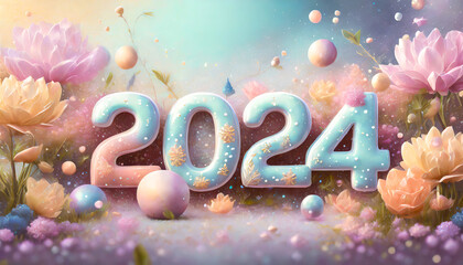 Word Number 2024 decorated with flower  background. Modern New Year concept. Creative greeting card layout. Flat lay,   “2024” Wooden letters , decorated with light pin