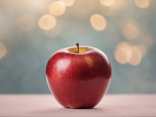 A red apple on the table. Light shines behind in faint bokeh